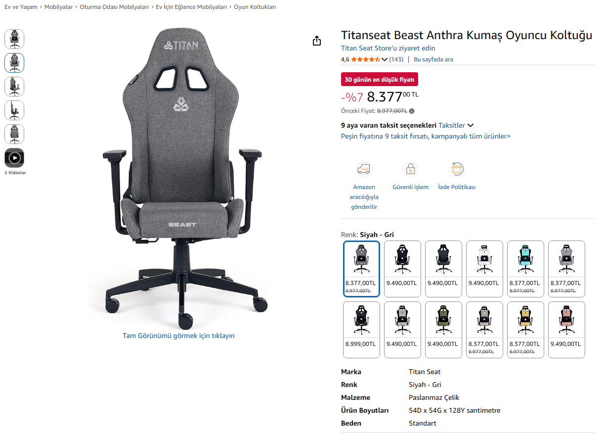 Amazonda Kumaş Oyuncu Koltuğu Indirimi 9 Ay Taksit