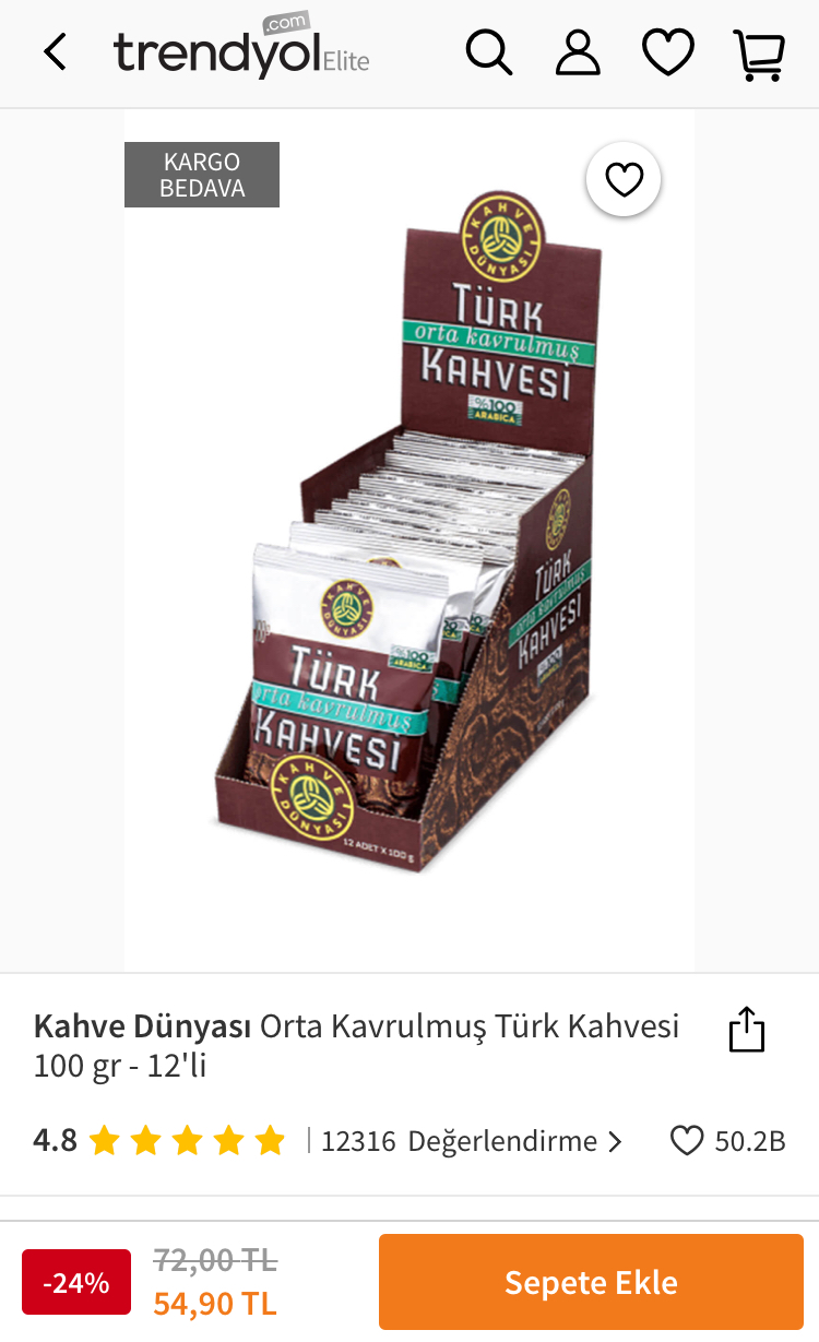 Kahve Dünyası Orta Kavrulmuş Türk Kahvesi 100 gr 12�li (54,90₺)