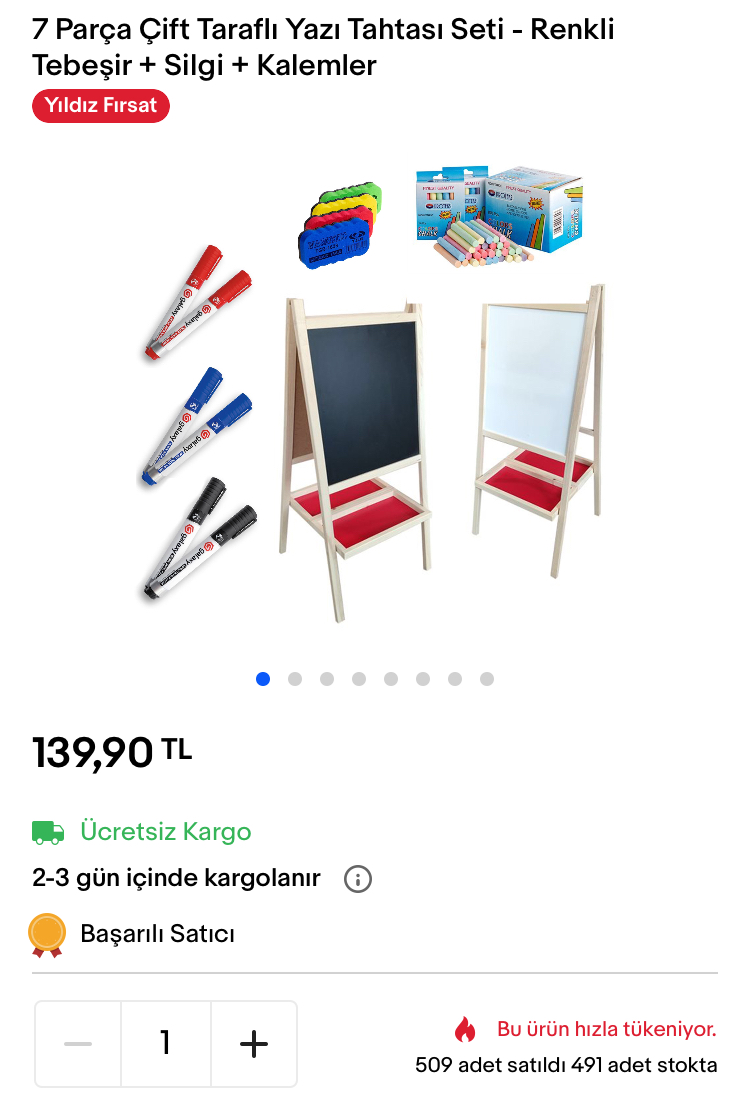 7 Parça Çift Taraflı Yazı Tahtası Seti Renkli Tebeşir + Silgi